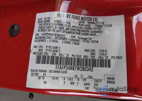 2007 Ford Focus S/Se/Ses z USA, uszkodzony, nr VIN 1FAFP34N87W280342